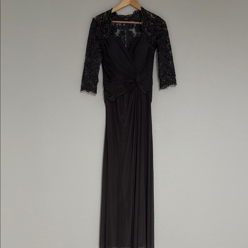 La Femme Gray Sweetheart Neckline Gown with 3/4 Sleeves